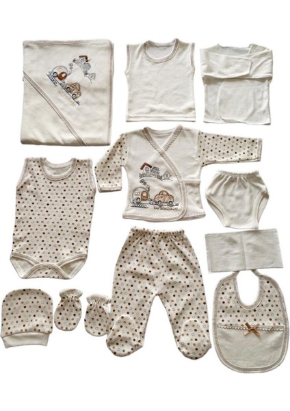 Tekno Trust Organik Bebe Arabalı Trenli 11 Parca Hastane Cıkışı Yeni Doğan Zıbın Set Kahve Örme Baskılı Hamile