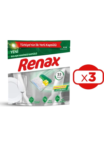 Renax Bulaşık Makinesi Kapsülü Hepsi Bir Arada 33'lü x 3 Adet (99 Kapsül)