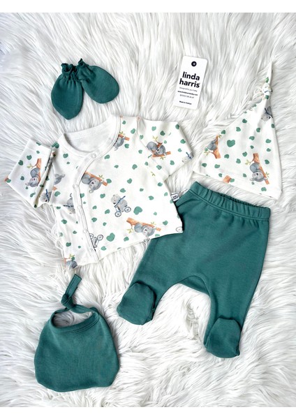 Tekno Trust Pamuklu Koala On A Bicycle Pattern Zümrüt Yeşil 5’li Yenidoğan Unisex Bebek Hastane Çıkışı Seti Gün