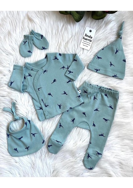 Tekno Trust Pamuklu Dinosaur Pattern Mint 5’li Yenidoğan Hastane Çıkışı Seti Casual Örme Unisex 5'li Yeşil 5 Pa