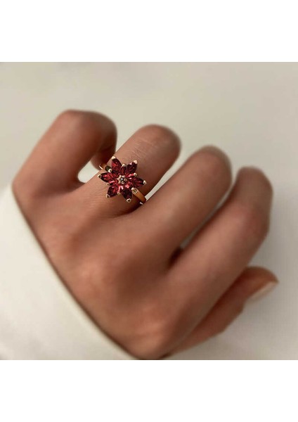 Gümüş Rose Kırmızı Lotus Çiçeği Yüzük