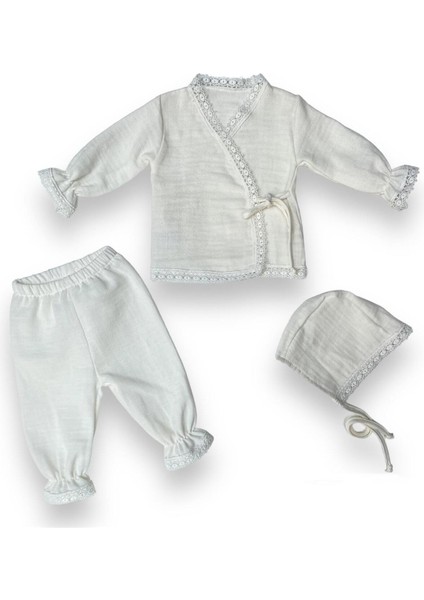 Tekno Trust Dokuma Hastane Çıkış Setleri Müslin Kumaş Fisto Detaylı 3'lü Set Yenidoğan Bebek Kıyafetleri %100 P