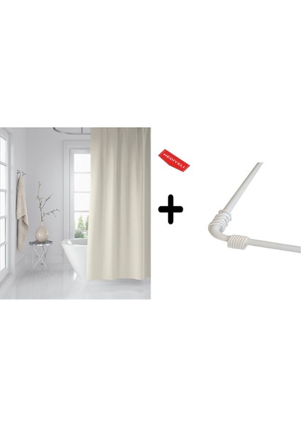 Banyo Perdesi Krem 1X180X200, Perde Borusu Askı Aparatı Köşe Boru Beyaz Hediyeli, Duş Perdesi Seti