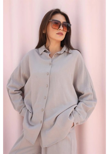 Gri Oversize Düşük Omuz Keten Gömlek