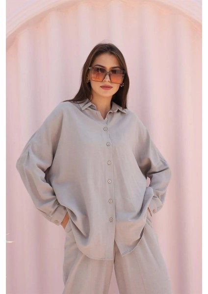 Gri Oversize Düşük Omuz Keten Gömlek