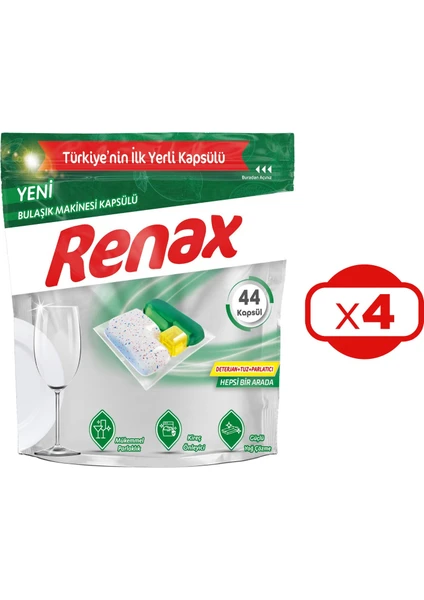 Renax Bulaşık Makinesi Kapsülü Hepsi Bir Arada 44'lü x 4 Adet (176 Kapsül)