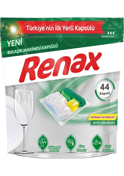 Renax Bulaşık Makinesi Kapsülü Hepsi Bir Arada 44'lü x 3 Adet (132 Kapsül)