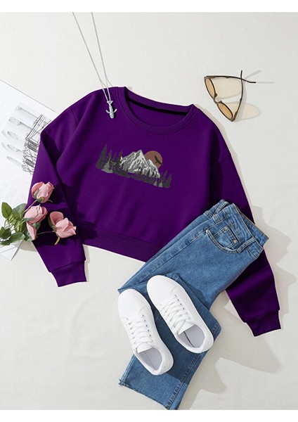 Kadın Mountain Baskılı Crop Içi Polarlı Oversize Sweatshirt