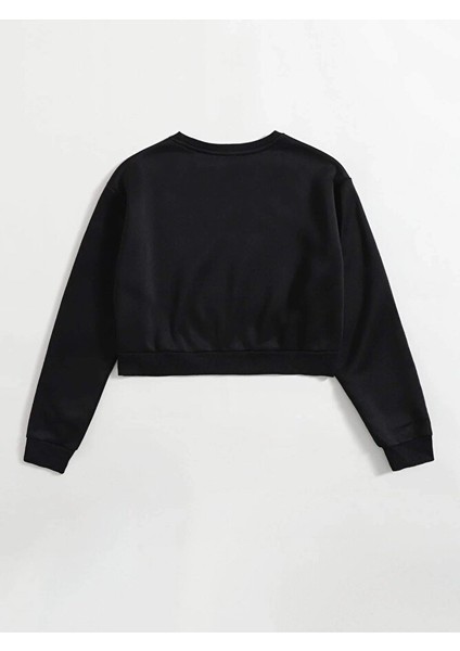 Kadın Mountain Baskılı Crop Içi Polarlı Oversize Sweatshirt