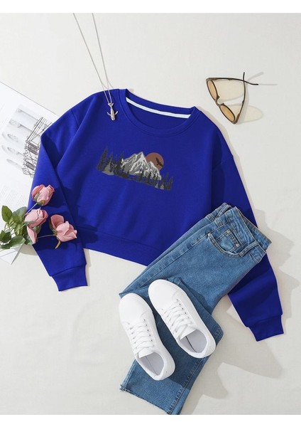 Kadın Mountain Baskılı Crop Içi Polarlı Oversize Sweatshirt