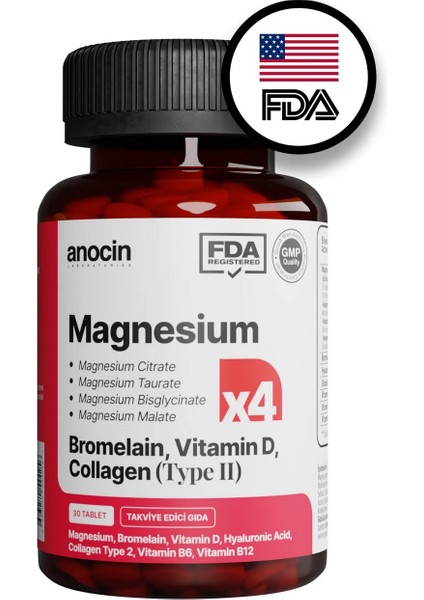 Magnezyum X4 Complex Citrate, Taurate, Bisglycinate, Malate + Bromelain + Kolajen