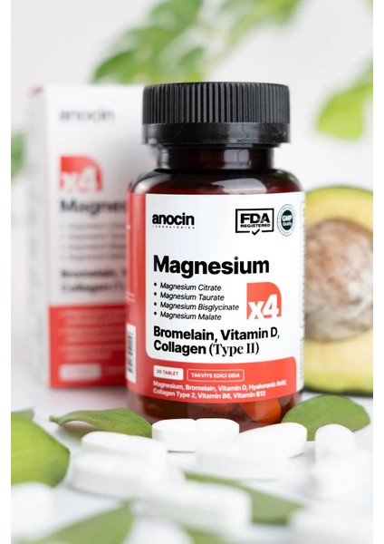 Magnezyum X4 Complex Citrate, Taurate, Bisglycinate, Malate + Bromelain + Kolajen
