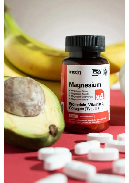 Magnezyum X4 Complex Citrate, Taurate, Bisglycinate, Malate + Bromelain + Kolajen