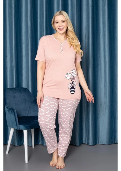 Farya Home Büyük Beden Pamuklu Yaka Pijama Takımı