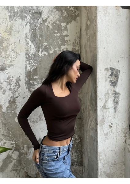 Acı Kahve Kare Yaka Uzun Kollu Slimfit Basic Body 27053 modelleri
