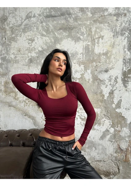 Bordo Kare Yaka Uzun Kollu Slimfit Basic Body 27053