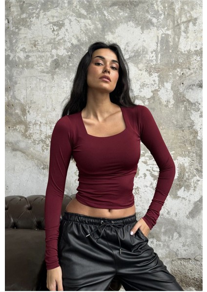 Bordo Kare Yaka Uzun Kollu Slimfit Basic Body 27053