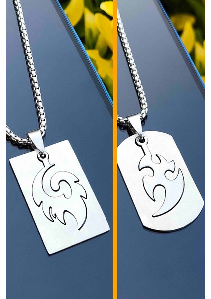 Unisex Paslanmaz Çelik Alev Ateş Motifli 2 Li Kolye Set