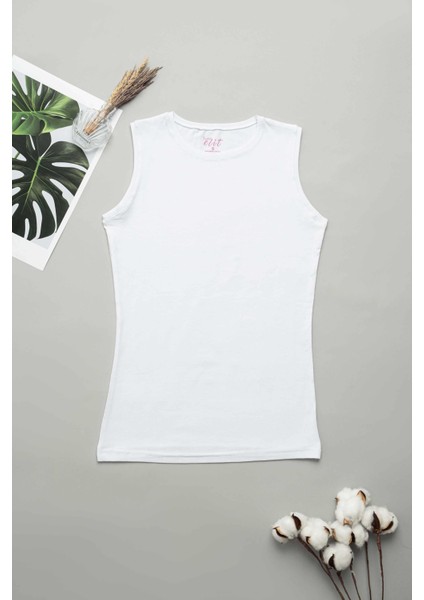 Elit Elastan Sıfır Kol Bisiklet Yaka Kadın Beyaz Body