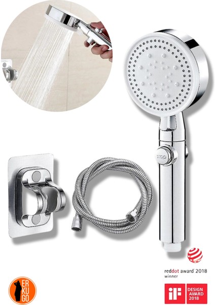 Tekno Trust Duş Başlığı 5 Fonksiyonlu Su Tasarruflu Duş Başlığı, Gümüş Yüksek Basınçlı Tek Tuşla Durdurma ve Ak