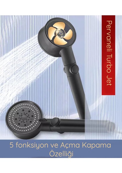 Tekno Trust Duş Başlığı 5 Fonksiyonlu Turbo Jet Pervaneli Duş Başlığı Aç-Kapa Butonlu Siyah