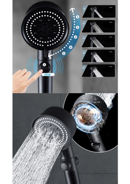 Tekno Trust Plastik Turbo Fan Pervaneli 5 Fonksiyonlu Siyah Duş Başlığı El Duşu Duş Başlığı