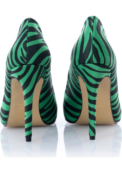 Ince Topuklu Yeşil Zebra Desenli Stiletto