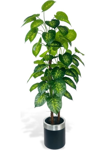 Yapay Çiçek Difenbahya Sarı Yeşil 3katlı 160CM 54YAPRAK Gümüş Kemerli Siyah Saksıda Yapay Bitki