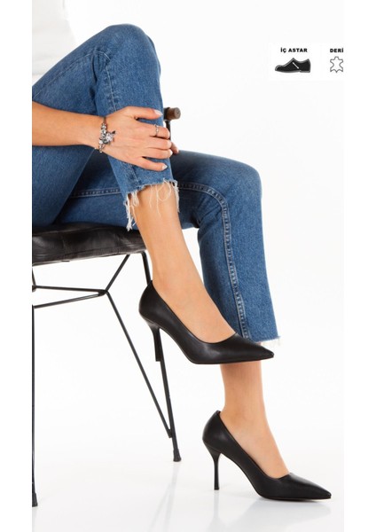 Kadın Siyah Topuklu Stiletto Ayakkabı ( Iç Astar Deri )