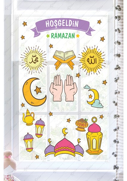 Çok Renkli Hoşgeldin Ramazan Dua Cami Ay Fener Figürleri Cam Duvar Dekorasyon Sticker Seti Ramazan