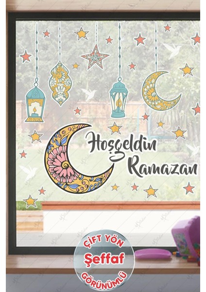 Çok Renkli Hoşgeldin Ramazan Sticker Seti Ramazan Kandilleri Hilal ve Yıldız Figürlü-Şeffaf