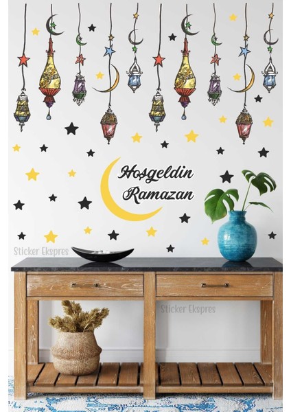 Çok Renkli Ramazan Kandilleri Hoşgeldin Ramazan Cam Kapı Duvar Sticker Seti