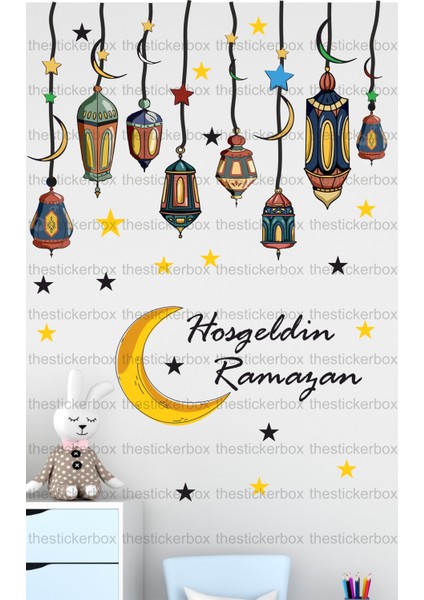 Renkli Hoşgeldin Ramazan Renkli Fener Sarkıt Cam Duvar Dekorasyon Sticker Seti - Ramazan Süsü Bayra