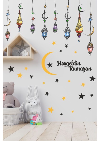 Bebek / Çocuk Odası Hoşgeldin Ramazan Renkli Fener Sarkıt Cam Duvar Dekorasyon Sticker Çıkartma Set