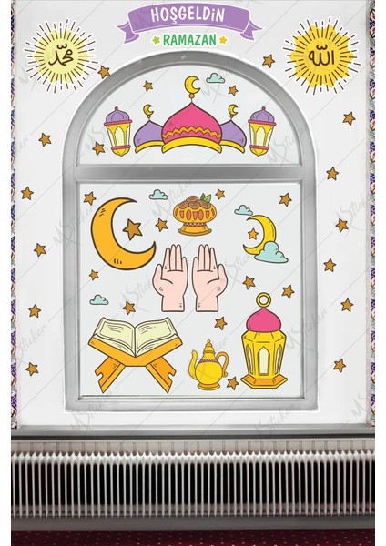 Çok Renkli Hoşgeldin Ramazan Dua Cami Ay Fener Figürleri Cam Duvar Dekorasyon Sticker Seti Ramazan