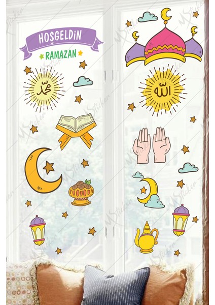 Çok Renkli Hoşgeldin Ramazan Dua Cami Ay Fener Figürleri Cam Duvar Dekorasyon Sticker Seti Ramazan