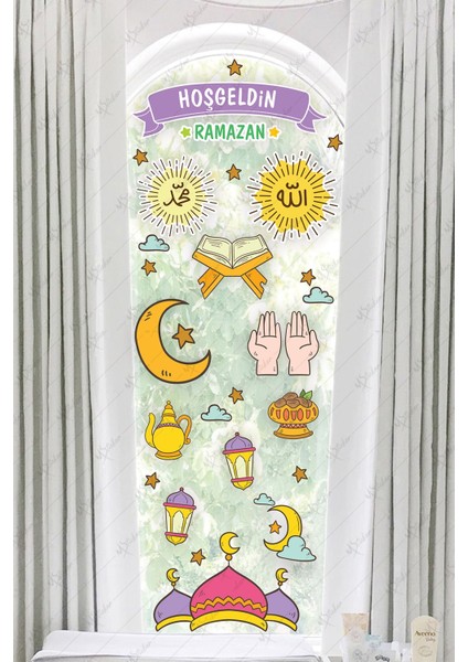 Çok Renkli Hoşgeldin Ramazan Dua Cami Ay Fener Figürleri Cam Duvar Dekorasyon Sticker Seti Ramazan