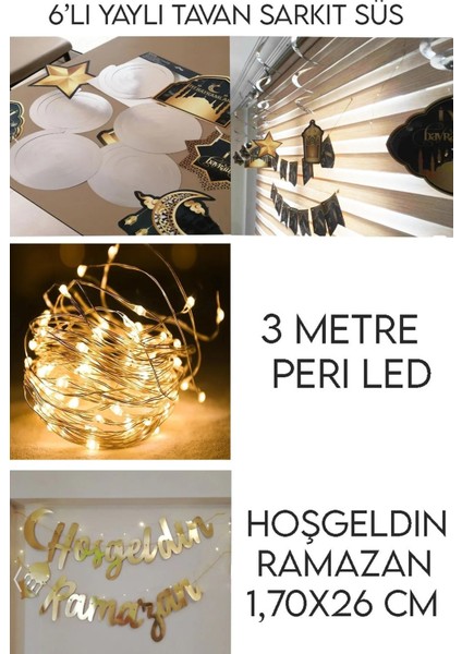 Turuncu LED Işık Hoşgeldin Ramazan Gold Banner Yazı Iyi Bayramlar 6'lı Tavan Süs Ramazan Oda Süslem