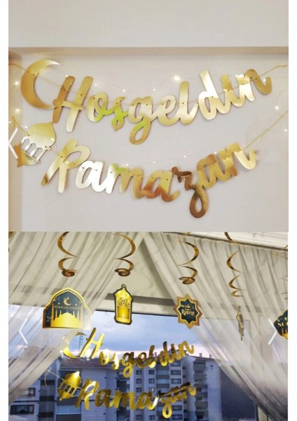 Turuncu LED Işık Hoşgeldin Ramazan Gold Banner Yazı Iyi Bayramlar 6'lı Tavan Süs Ramazan Oda Süslem