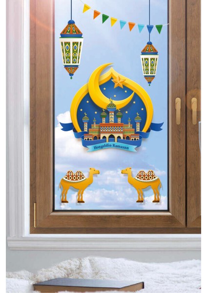 Çok Renkli Ramazan Temalı Dekoratif Cam Stickerı - Hoşgeldin Ramazan Baskılı 50 x 70