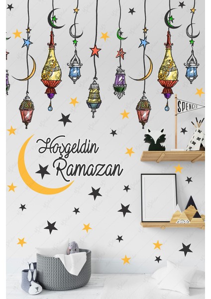 5+ Hoşgeldin Ramazan Renkli Fener Sarkıt Cam Duvar Dekorasyon Sticker Seti Çok Renkli