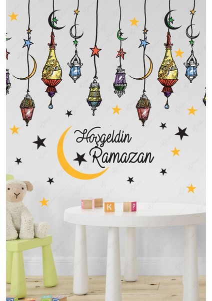 5+ Hoşgeldin Ramazan Renkli Fener Sarkıt Cam Duvar Dekorasyon Sticker Seti Çok Renkli