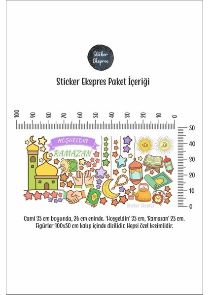 Tek Ebat Hoşgeldin Ramazan Sarkıtlı Hilal Kandil Yıldızlar ve Cami Cam ve Duvar Sticker Seti Çok Re