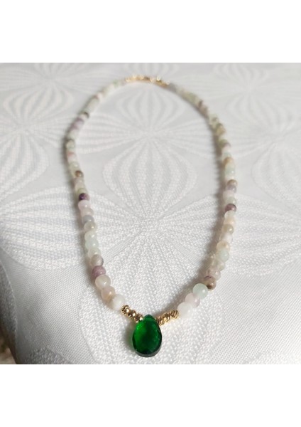 Florit Doğal Taşlı Yeşil Su Damlası Kristal Uçlu Kolye
