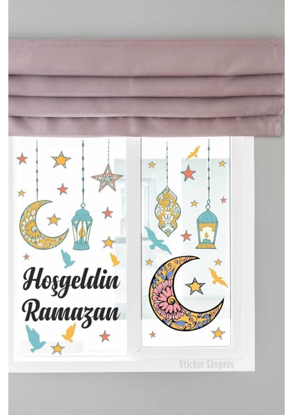 Çok Renkli Hoşgeldin Ramazan Sarkıtlı Hilal Kandil ve Yıldızlar Duvar ve Cam Sticker Seti