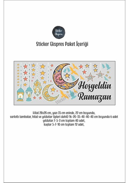 Çok Renkli Hoşgeldin Ramazan Sarkıtlı Hilal Kandil ve Yıldızlar Duvar ve Cam Sticker Seti