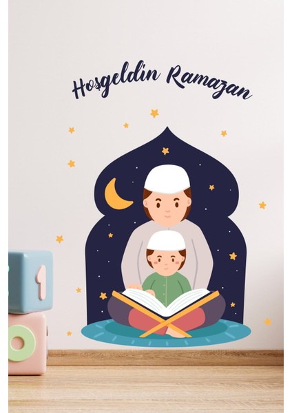 Çok Renkli Ramazan Ayı Temalı Kuran Okuyan Çocuk, Hoşgeldin Ramazan Dekoratif Duvar Sticker Seti Re