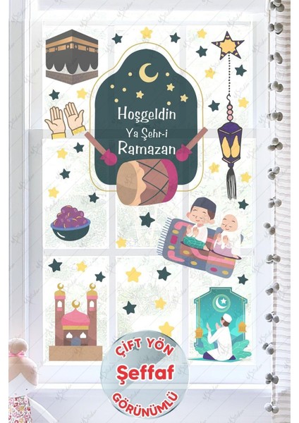 Çok Renkli Ramazan Ayı Temalı Süsleme Cam Duvar Süsleri Hoşgeldin Ramazan Sticker Seti -Şeffaf Rama