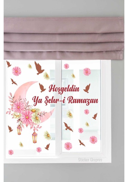 Çok Renkli Hoşgeldin Ya Şehr-I Ramazan Çiçekli Hilal ve Kuşlar Duvar ve Cam Sticker Seti