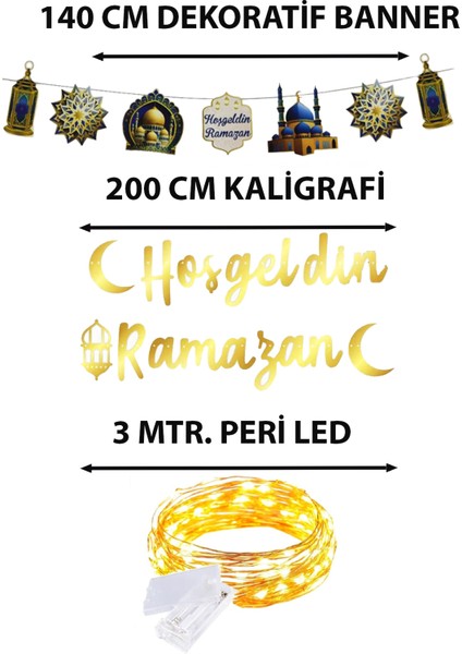 Altın Ledli Hoşgeldin Ramazan Banner Yazı, Dekoratif Uzar Süs Ay Yıldız Kuran Mahya Cami Temalı Set